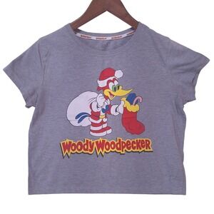 Universal Studios Woody Woodpecker Baby Tee Womens M Grey Xmas Y2K Style Cropped